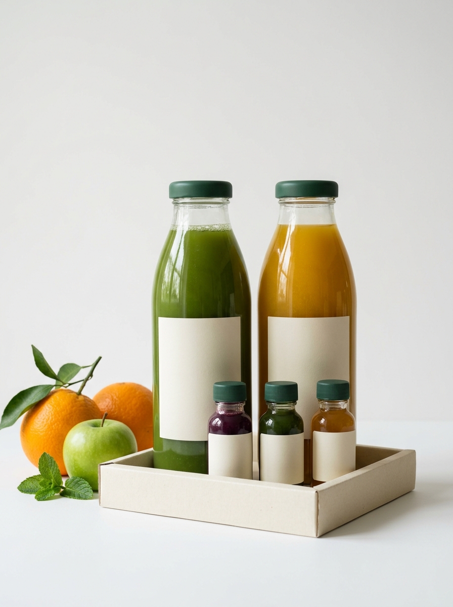 Juice and shot bundle on a tray
