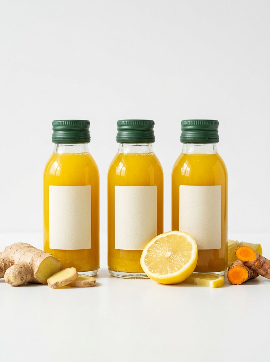 Three wellness shot bottles with ginger and lemon