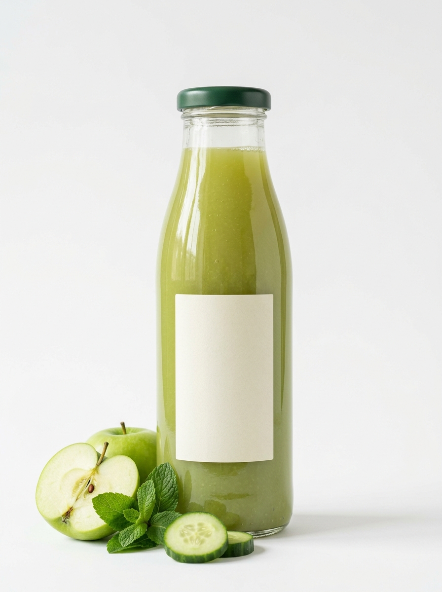 Fresh green juice bottle with apple and cucumber